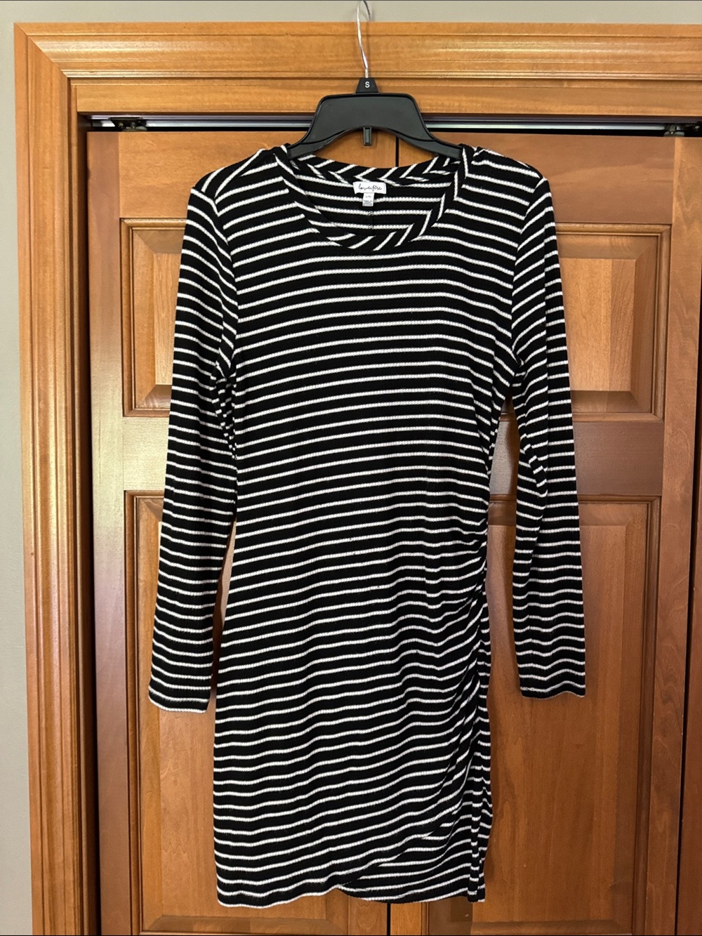 love, Fire Black & White Striped Long-Sleeve Side Ruched Dress